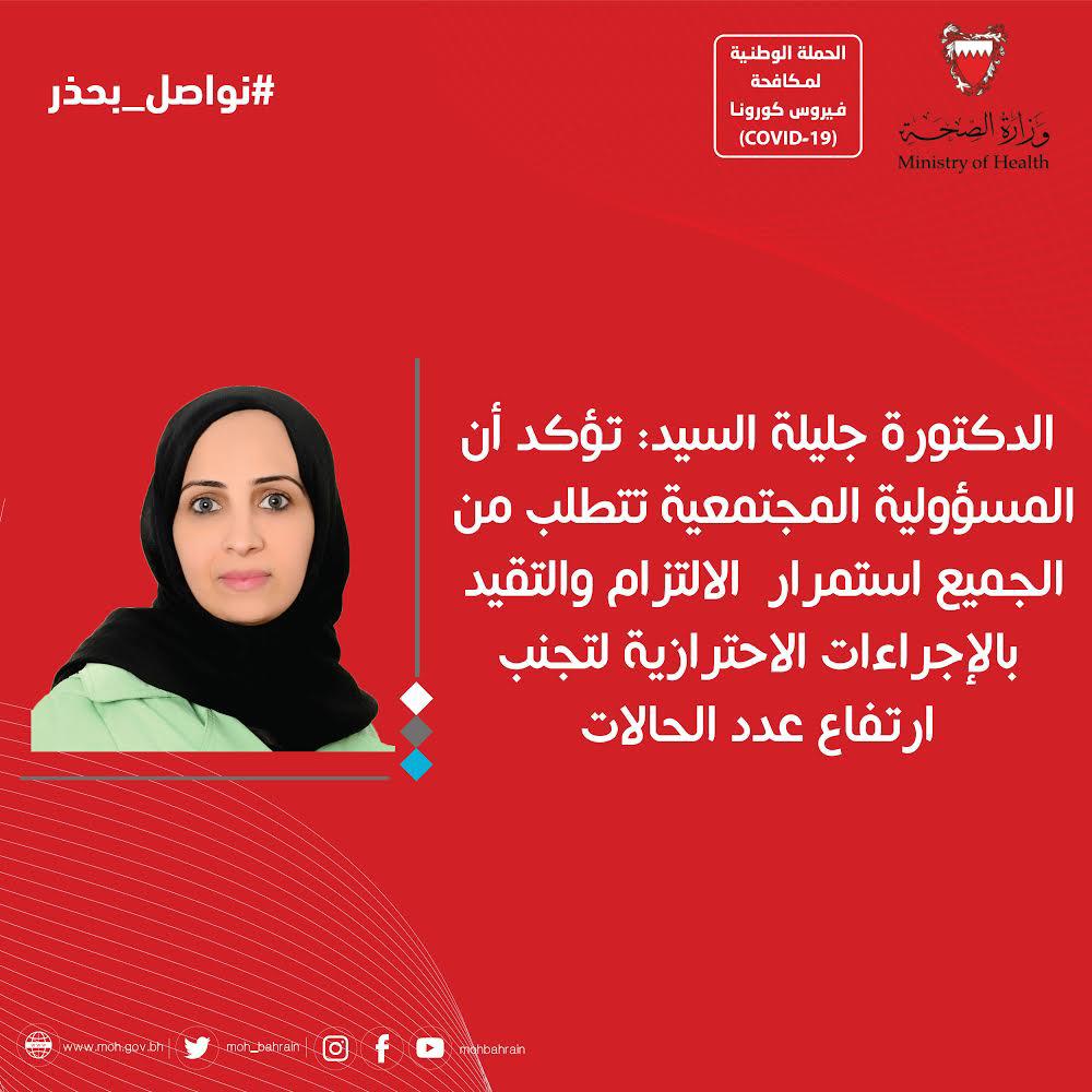 الدكتورة جليلة السيد تؤكد أن المسؤولية المجتمعية تتطلب من الجميع استمرار الالتزام والتقيد بالإجراءات الاحترازية لتجنب ارتفاع عدد الحالات