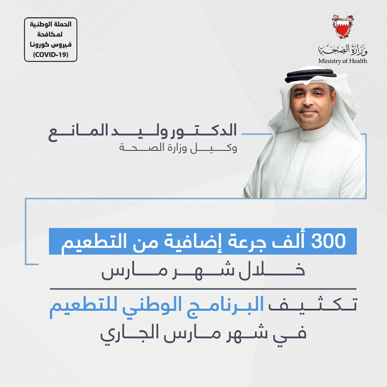 300 ألف جرعة إضافية من التطعيم خلال شهر مارس الدكتور وليد المانع: تكثيف البرنامج الوطني للتطعيم في شهر مارس الجاري
